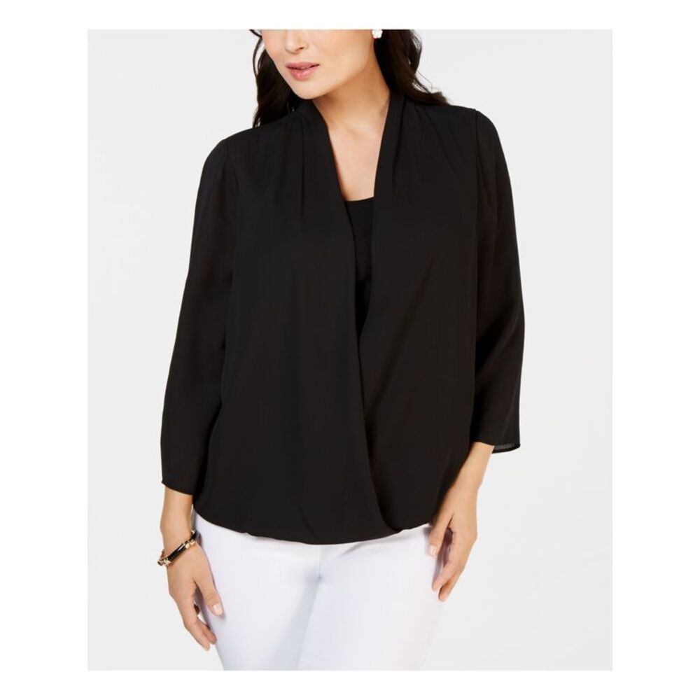 CHARTER CLUB Womens Black 3/4 Sleeve Wear To Work Blouse Petites PS
